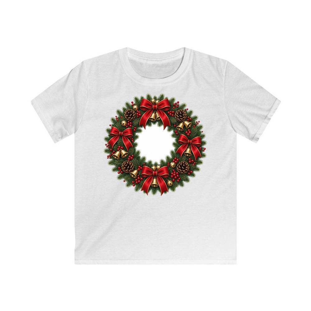 Red and Green Christmas Wreath personalised kids Christmas tee in white