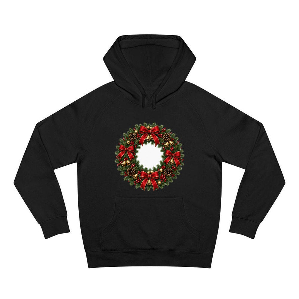 Red and Green Christmas Wreath personalised Christmas hoodie in black