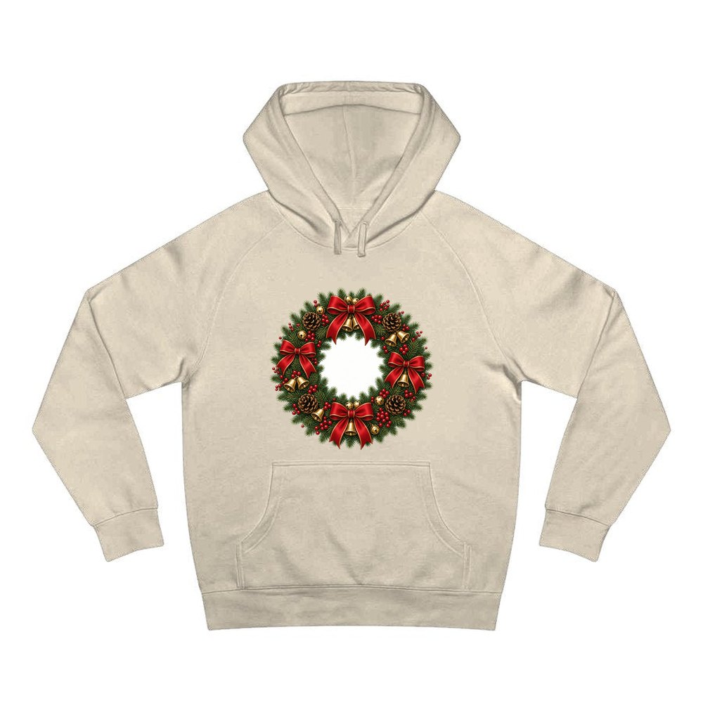 Red and Green Christmas Wreath personalised Christmas hoodie in sand