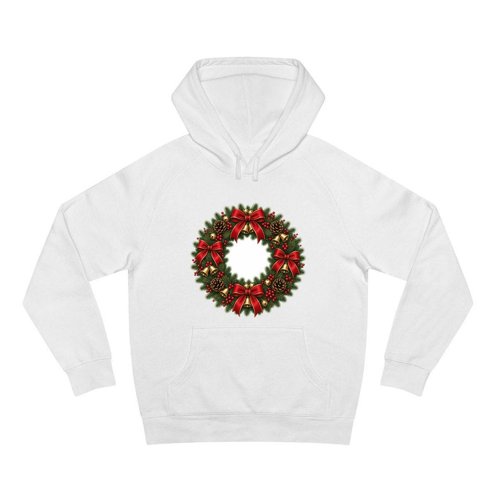 Red and Green Christmas Wreath personalised Christmas hoodie in white