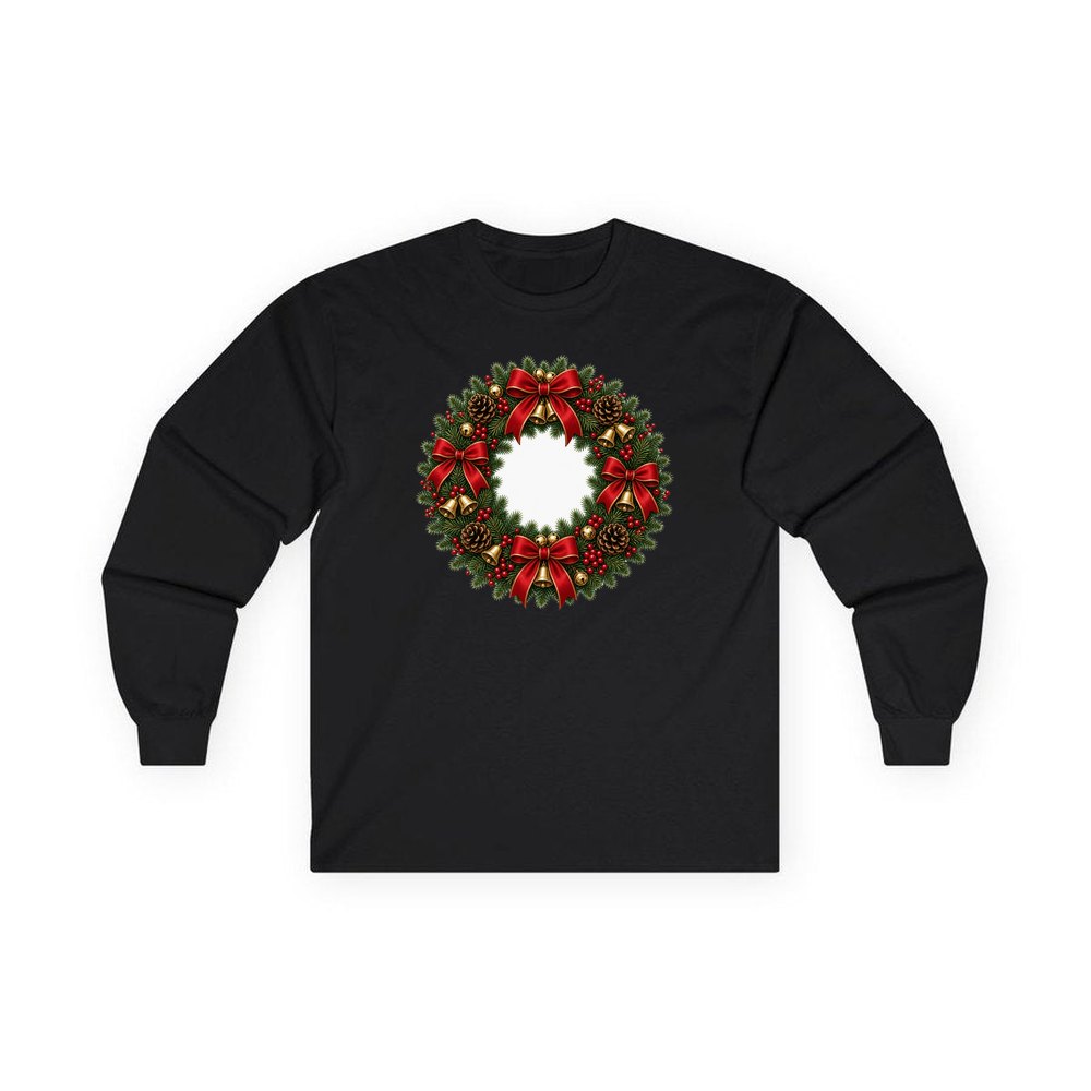 Red and Green Christmas Wreath personalised long sleeve Christmas T-shirt in black
