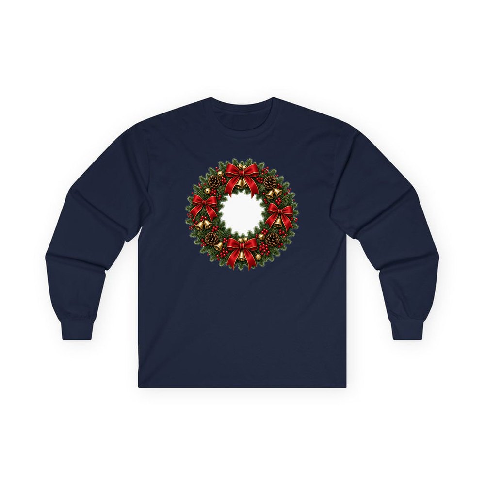 Red and Green Christmas Wreath personalised long sleeve Christmas T-shirt in navy