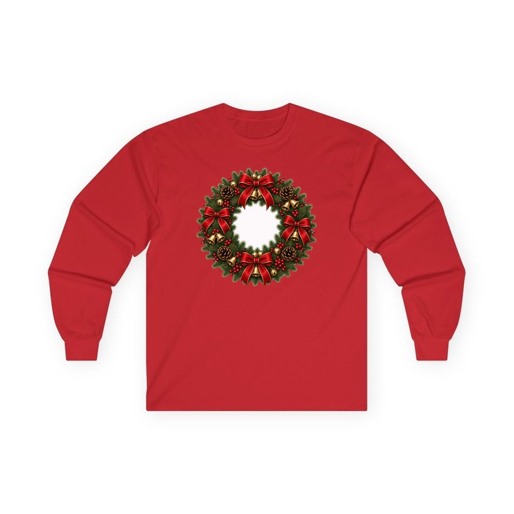 Red and Green Christmas Wreath personalised long sleeve Christmas T-shirt in red