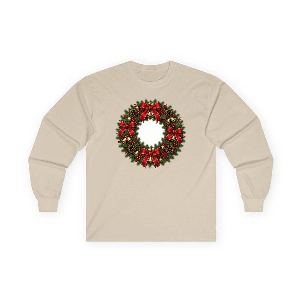 Red and Green Christmas Wreath personalised long sleeve Christmas T-shirt in sand