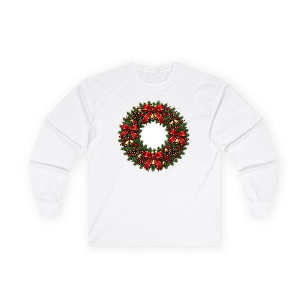 Red and Green Christmas Wreath personalised long sleeve Christmas T-shirt in white