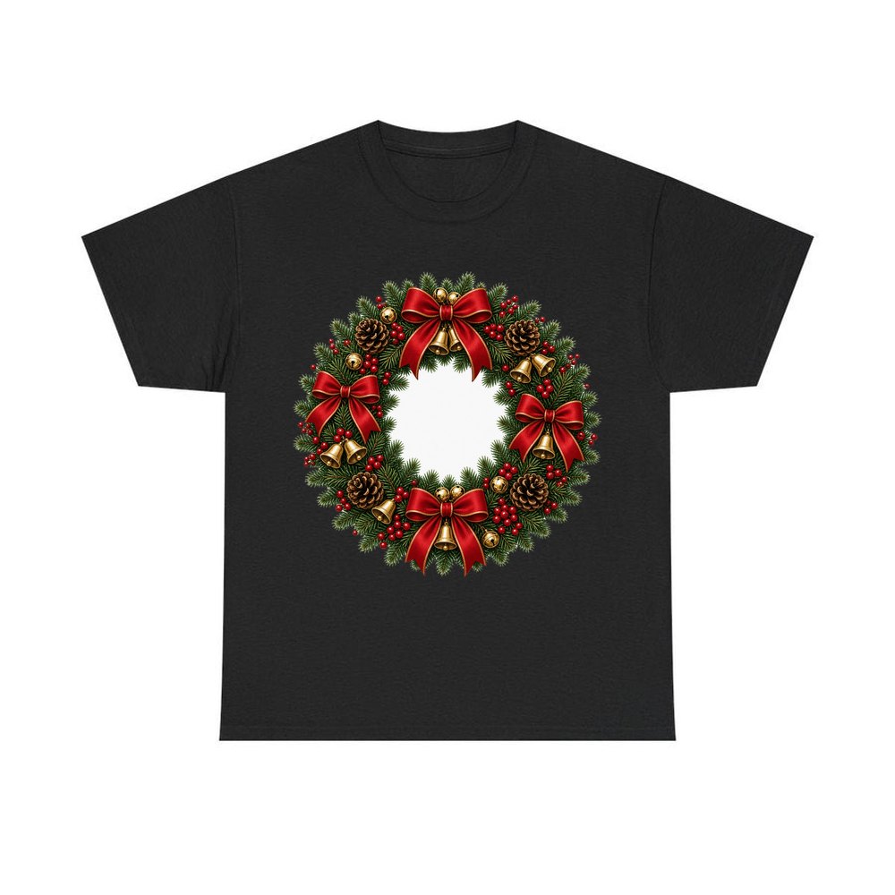 Red and Green Christmas Wreath personalised Christmas T-shirt in black
