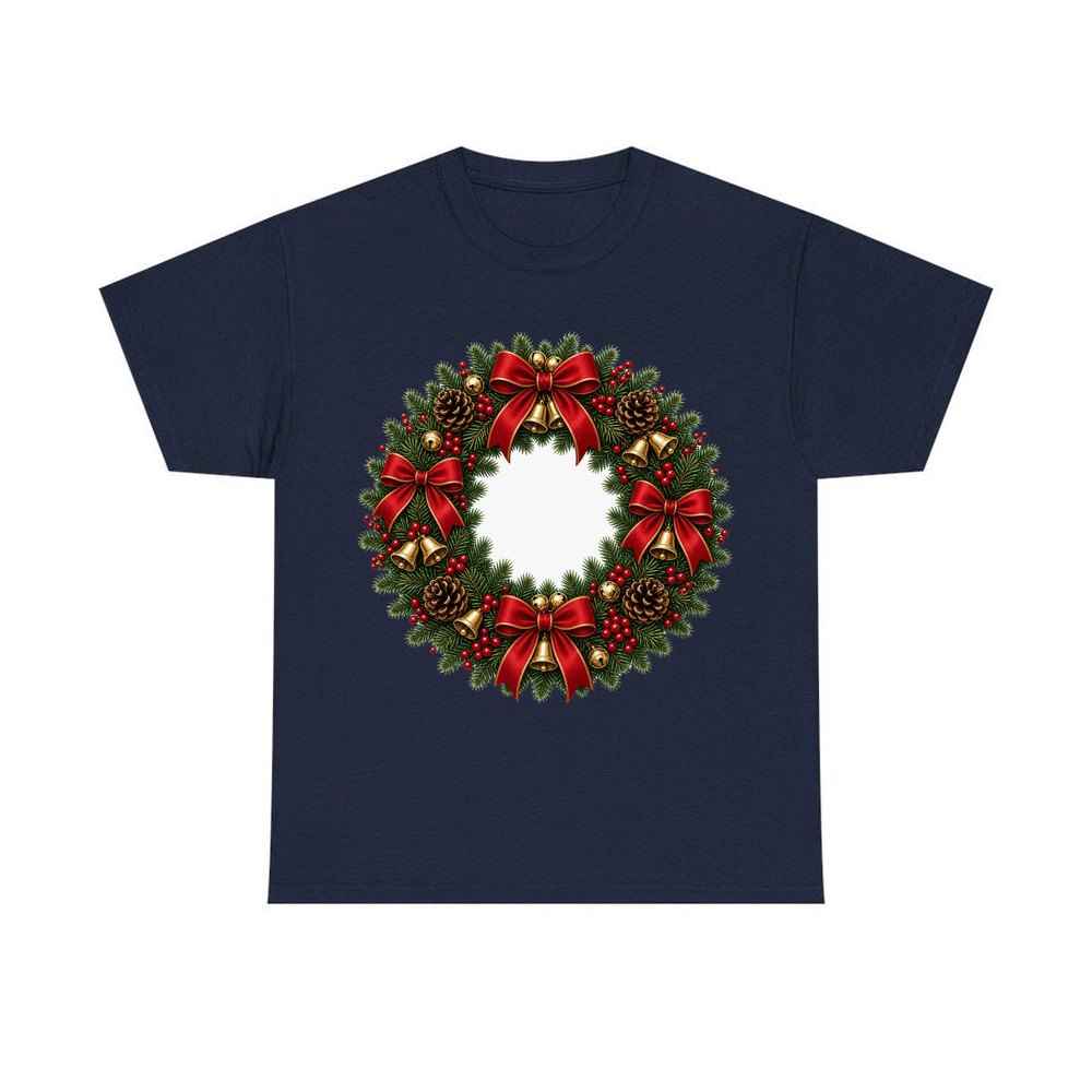 Red and Green Christmas Wreath personalised Christmas T-shirt in navy