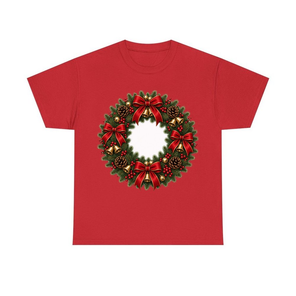Red and Green Christmas Wreath personalised Christmas T-shirt in red