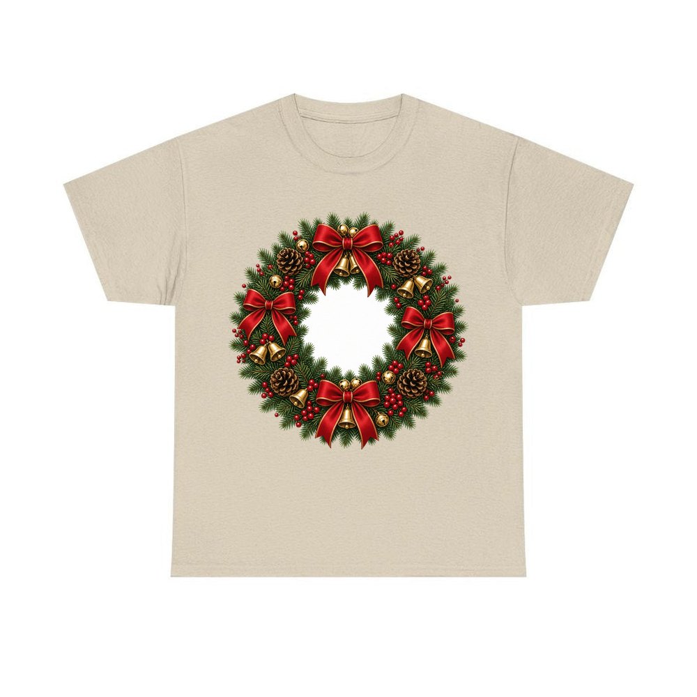 Red and Green Christmas Wreath personalised Christmas T-shirt in sand
