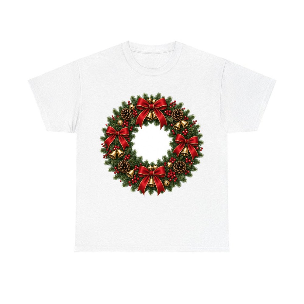 Red And Green Christmas Wreath design on a white tee