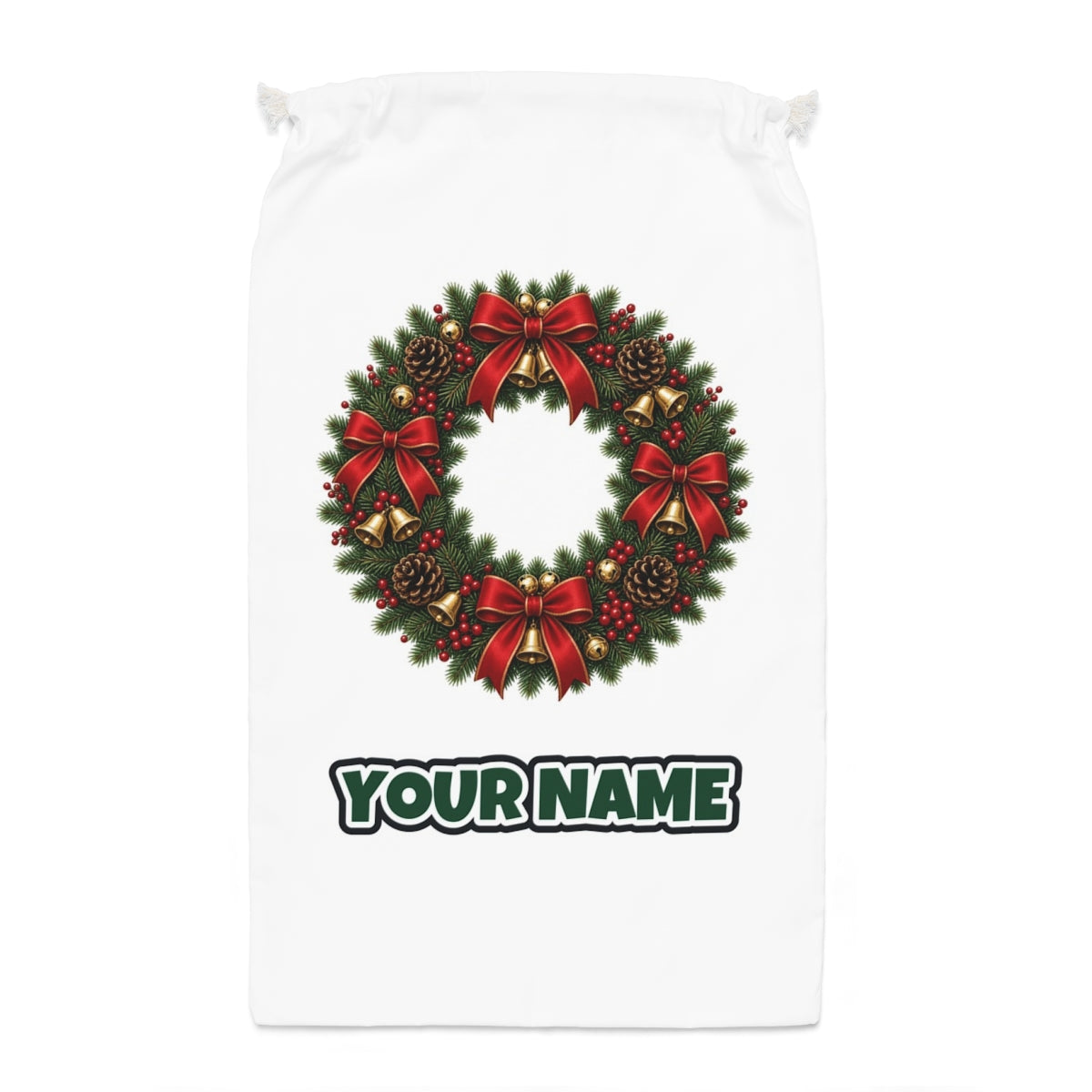 Red and Green Christmas Wreath Santa sack laid flat, showing the full print