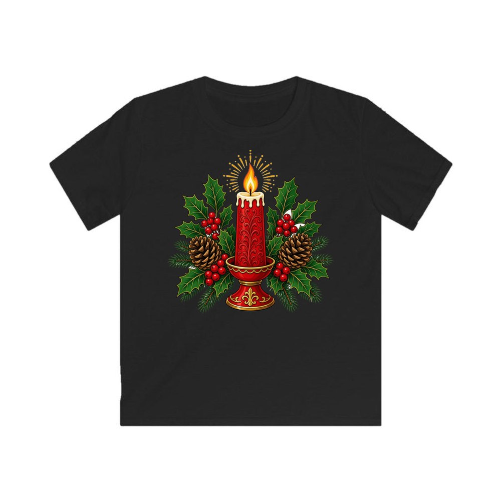 Red Candle With Holly personalised kids Christmas tee in black