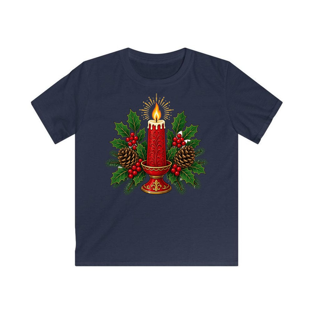 Red Candle With Holly personalised kids Christmas tee in navy