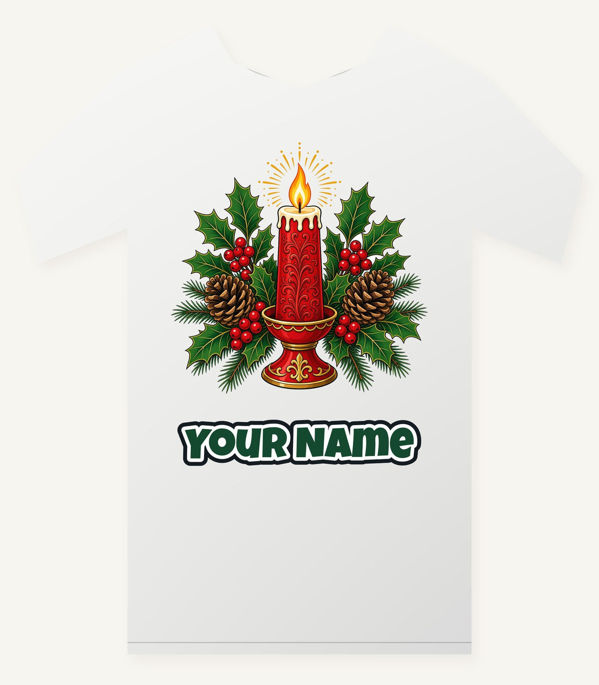 Red Candle With Holly Personalised Christmas T-Shirt and Hoodie