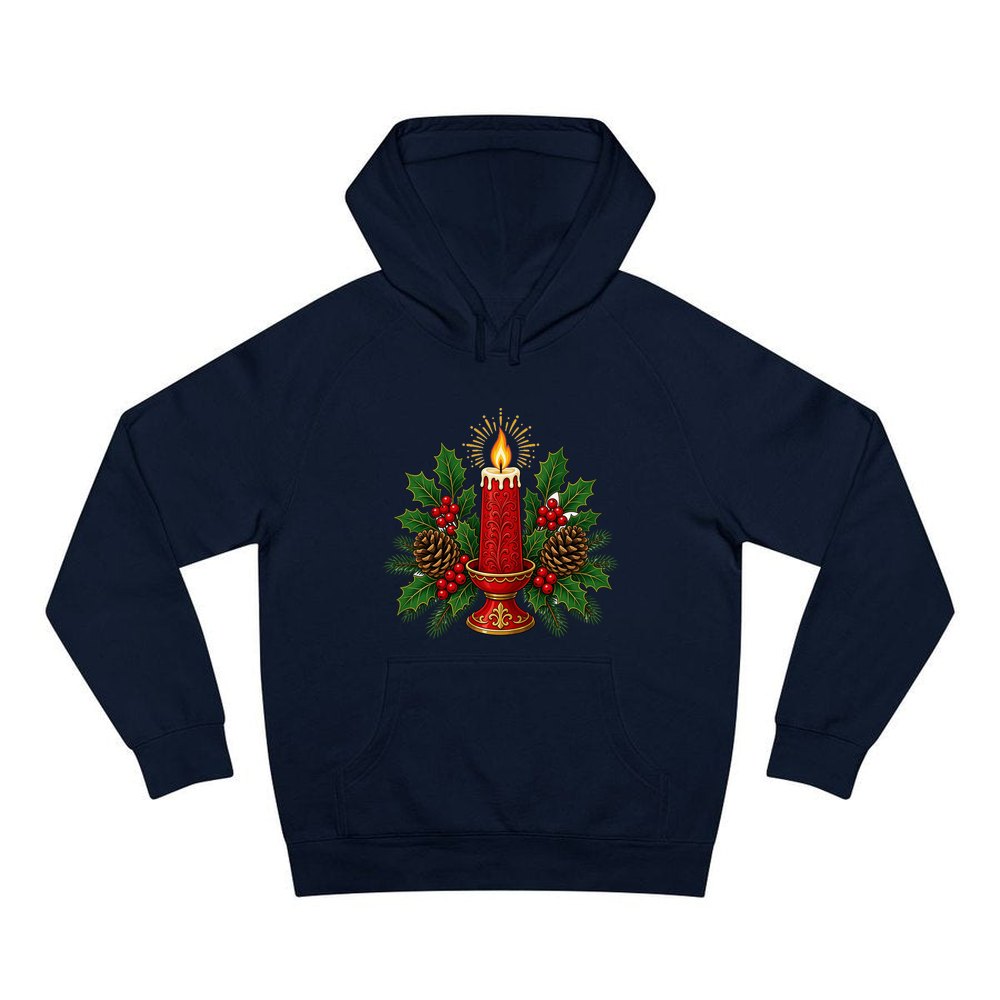 Red Candle With Holly personalised Christmas hoodie in navy