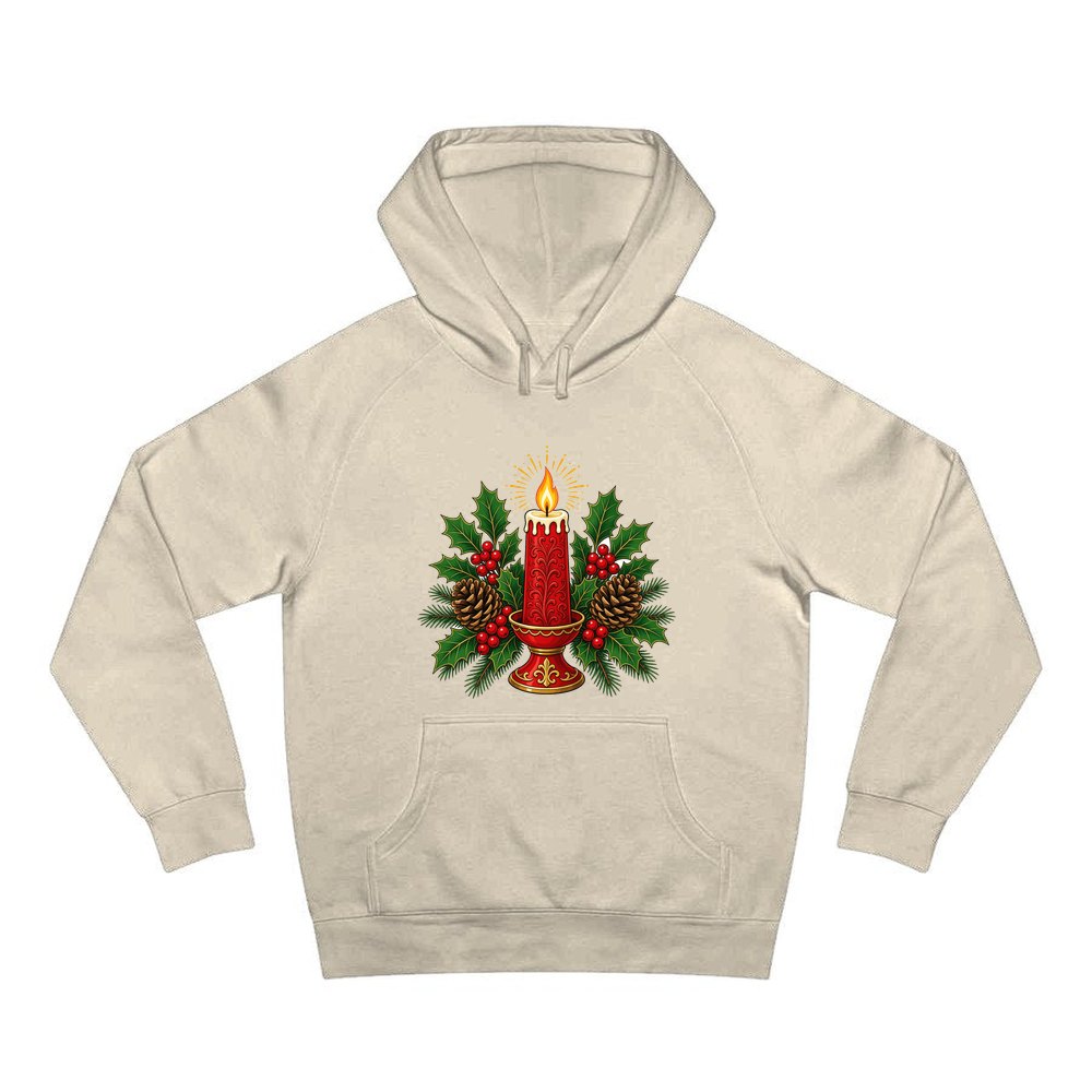 Red Candle With Holly personalised Christmas hoodie in sand