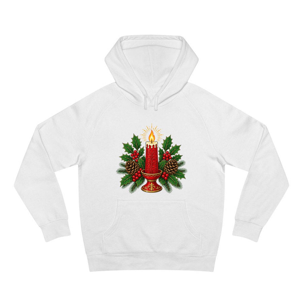 Red Candle With Holly personalised Christmas hoodie in white