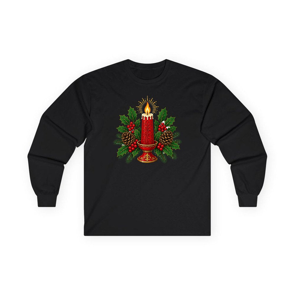 Red Candle With Holly personalised long sleeve Christmas T-shirt in black