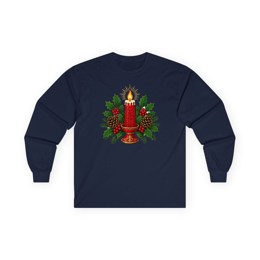 Red Candle With Holly personalised long sleeve Christmas T-shirt in navy