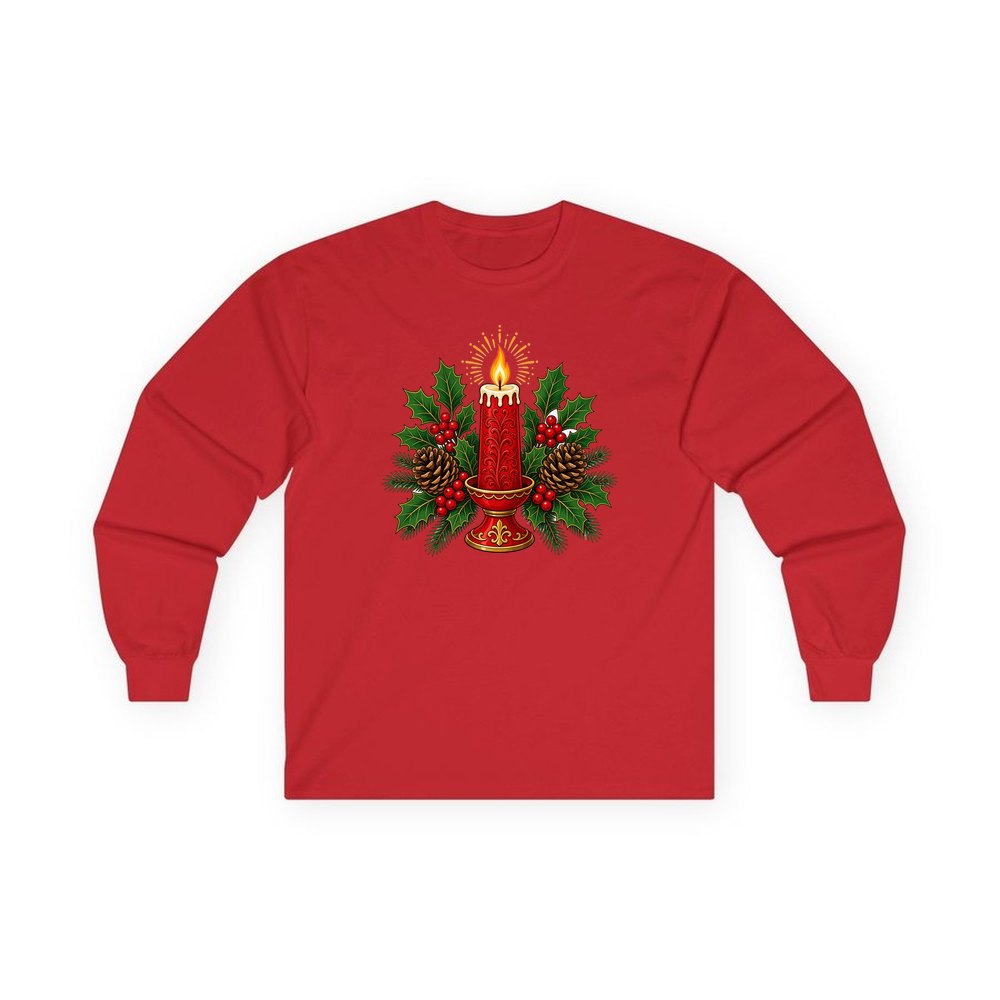 Red Candle With Holly personalised long sleeve Christmas T-shirt in red