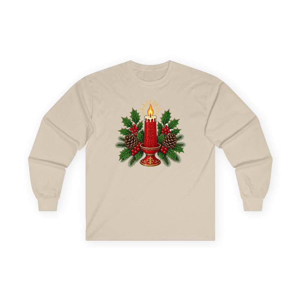 Red Candle With Holly personalised long sleeve Christmas T-shirt in sand
