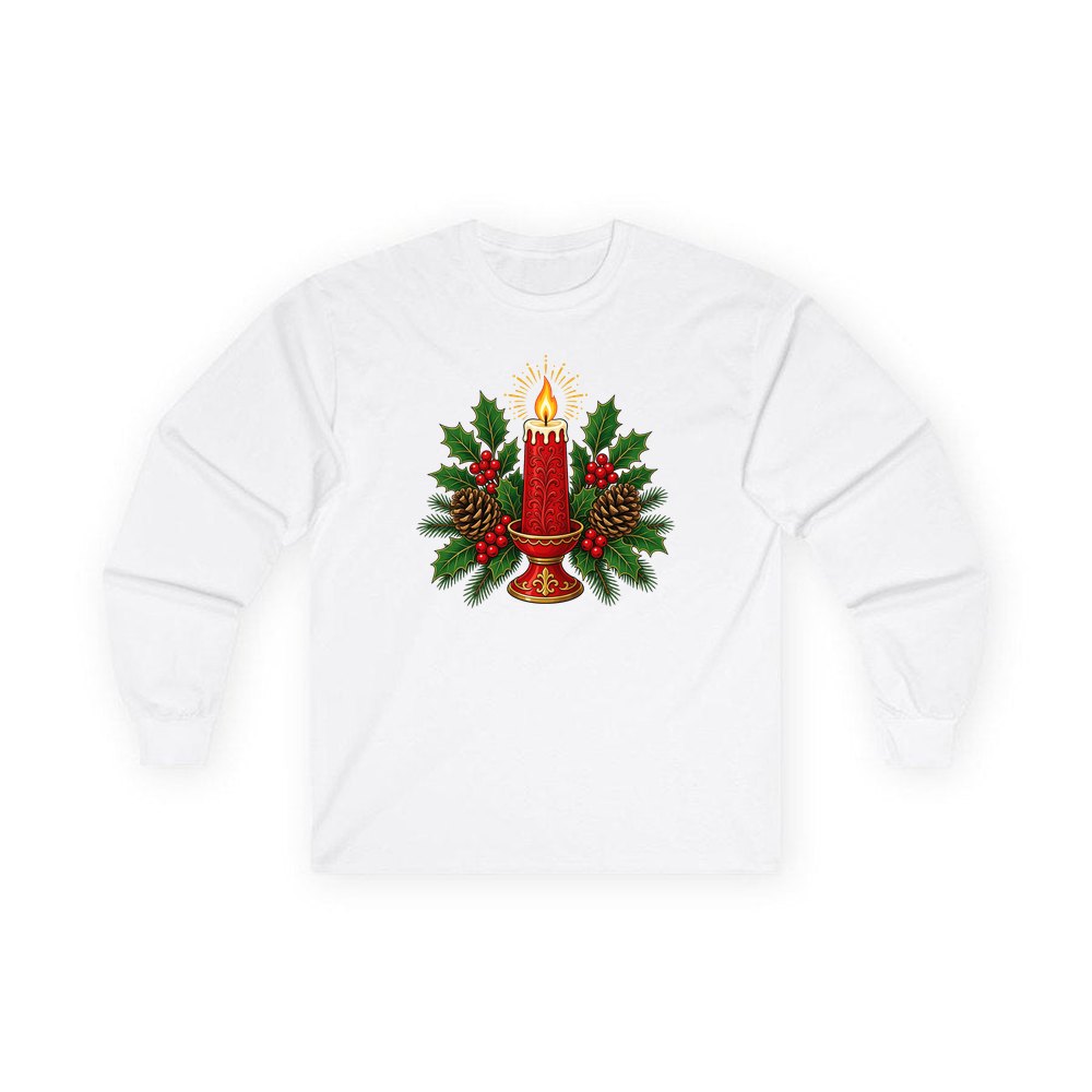 Red Candle With Holly personalised long sleeve Christmas T-shirt in white