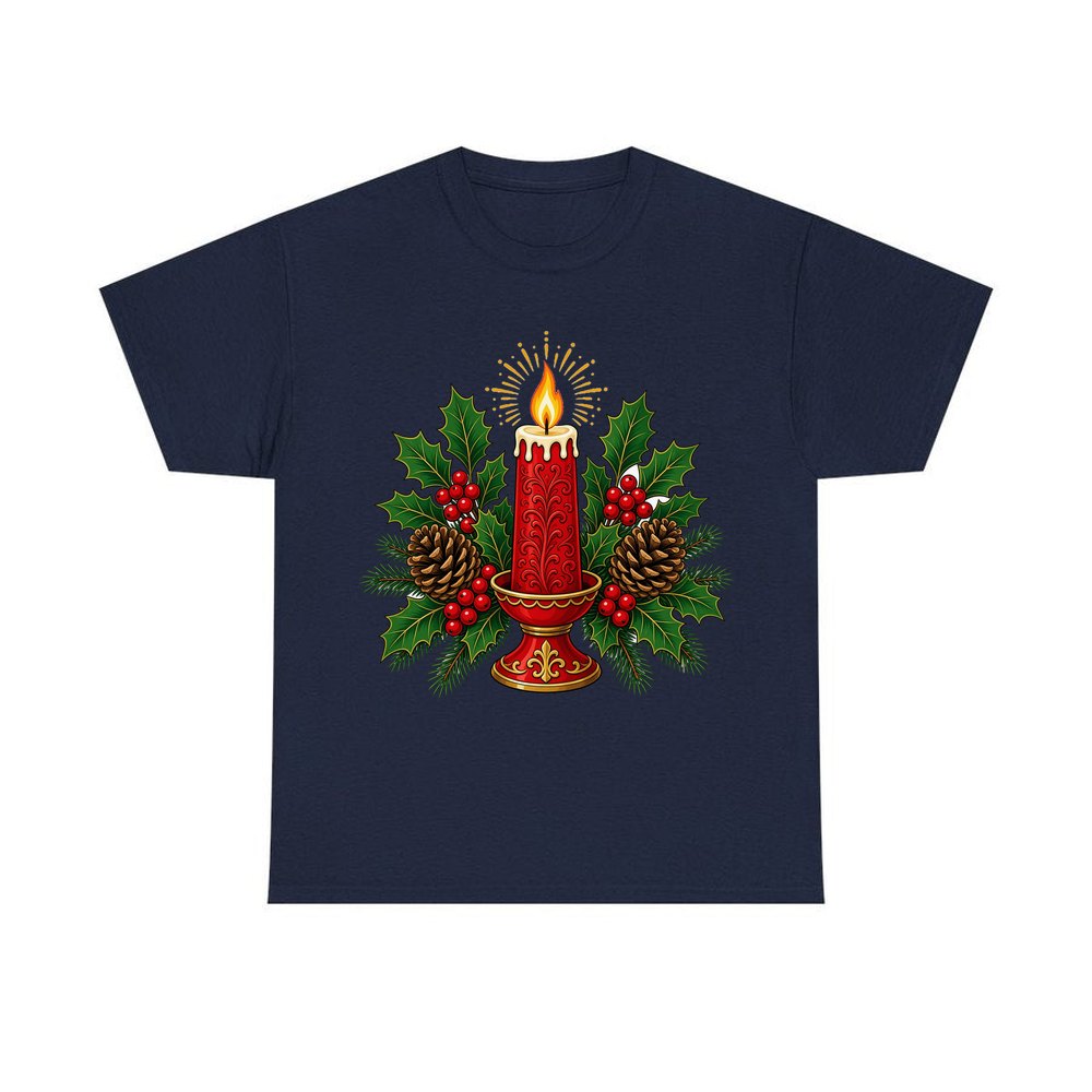 Red Candle With Holly personalised Christmas T-shirt in navy