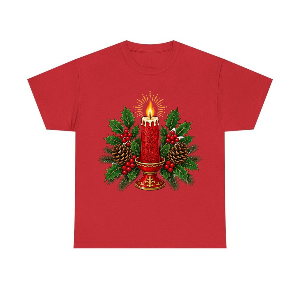 Red Candle With Holly personalised Christmas T-shirt in red