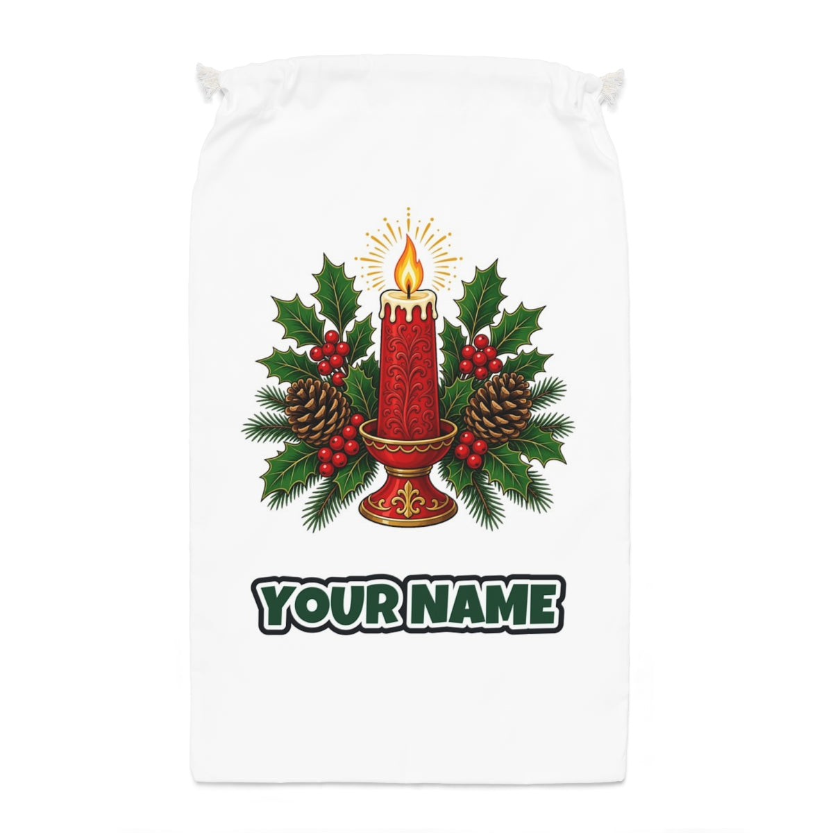 Red Candle With Holly Santa sack laid flat, showing the full print
