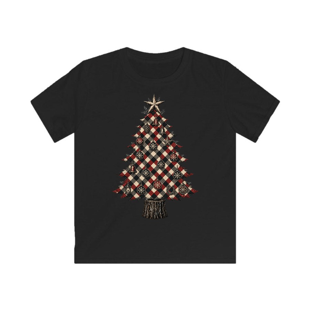 Red Check Christmas Tree personalised kids Christmas tee in black