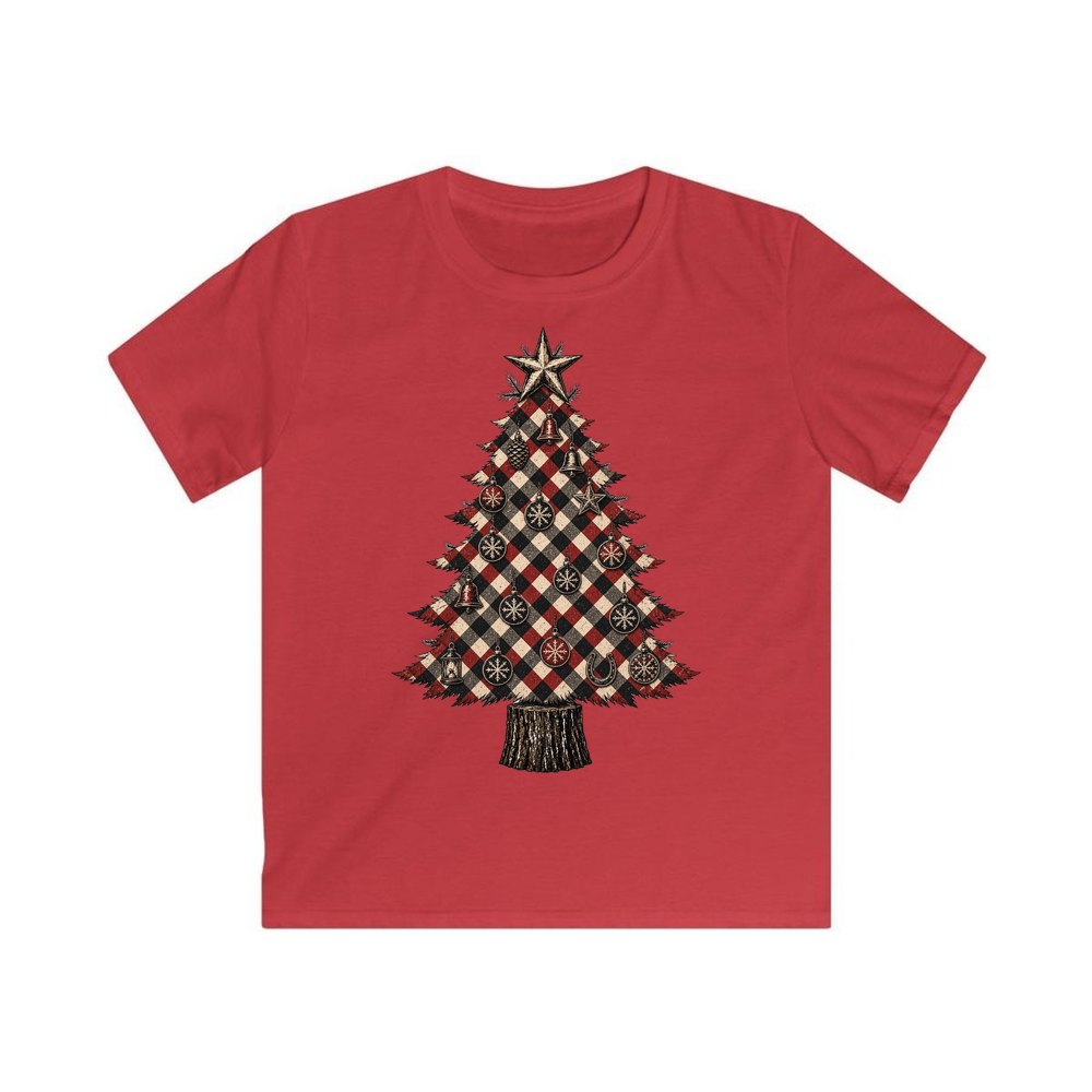 Red Check Christmas Tree personalised kids Christmas tee in red