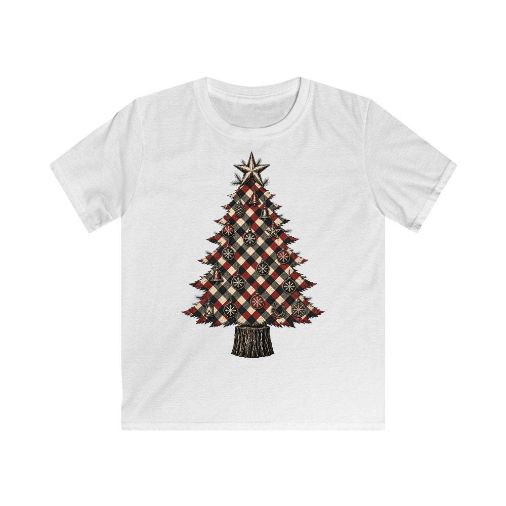 Red Check Christmas Tree personalised kids Christmas tee in white