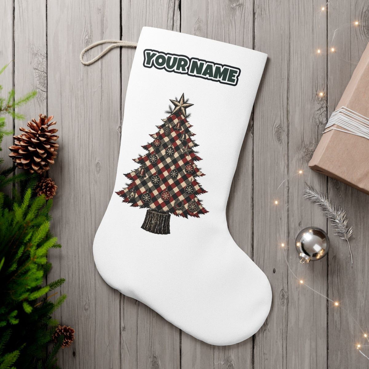 Red Check Christmas Tree personalised Christmas stocking, white, with the name across the top