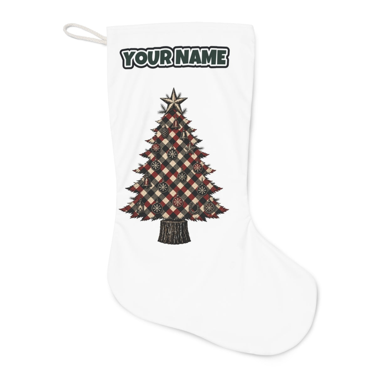 Red Check Christmas Tree Christmas stocking laid flat, showing the full print