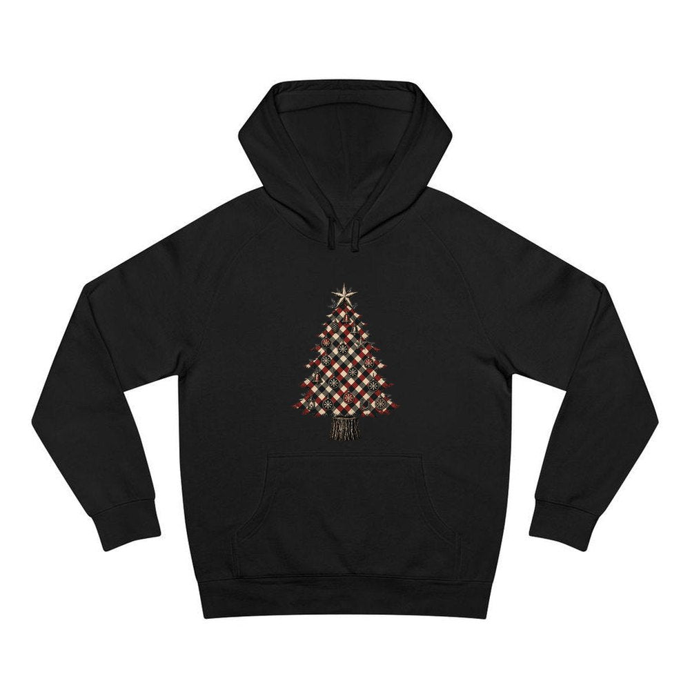 Red Check Christmas Tree personalised Christmas hoodie in black