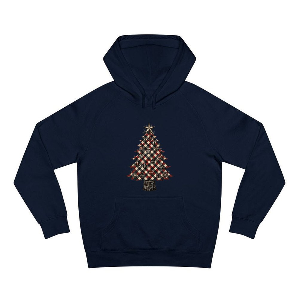 Red Check Christmas Tree personalised Christmas hoodie in navy