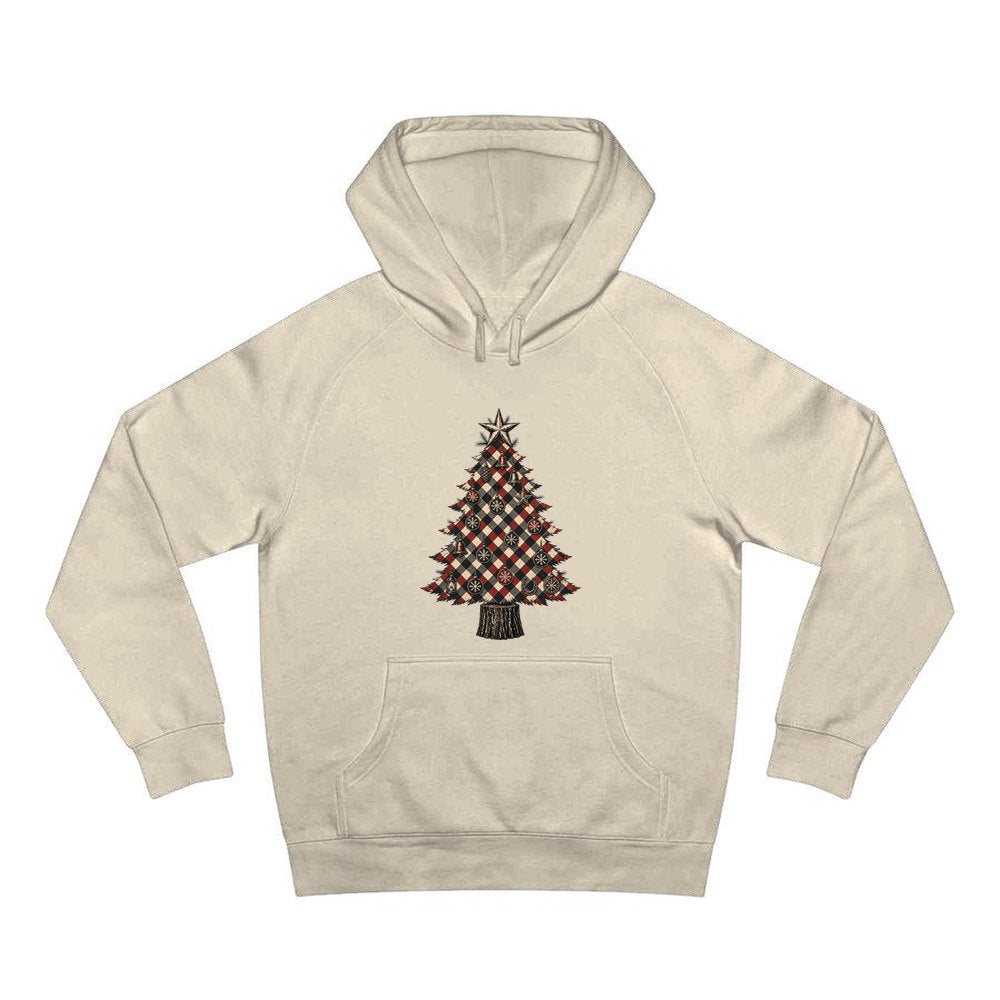 Red Check Christmas Tree personalised Christmas hoodie in sand