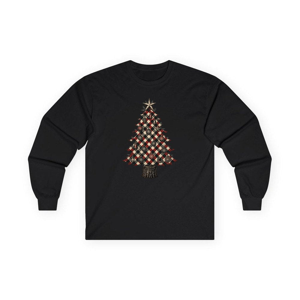 Red Check Christmas Tree personalised long sleeve Christmas T-shirt in black