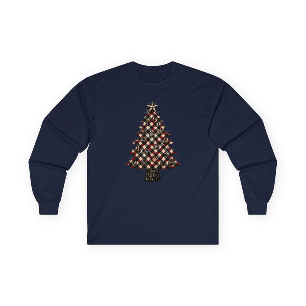 Red Check Christmas Tree personalised long sleeve Christmas T-shirt in navy