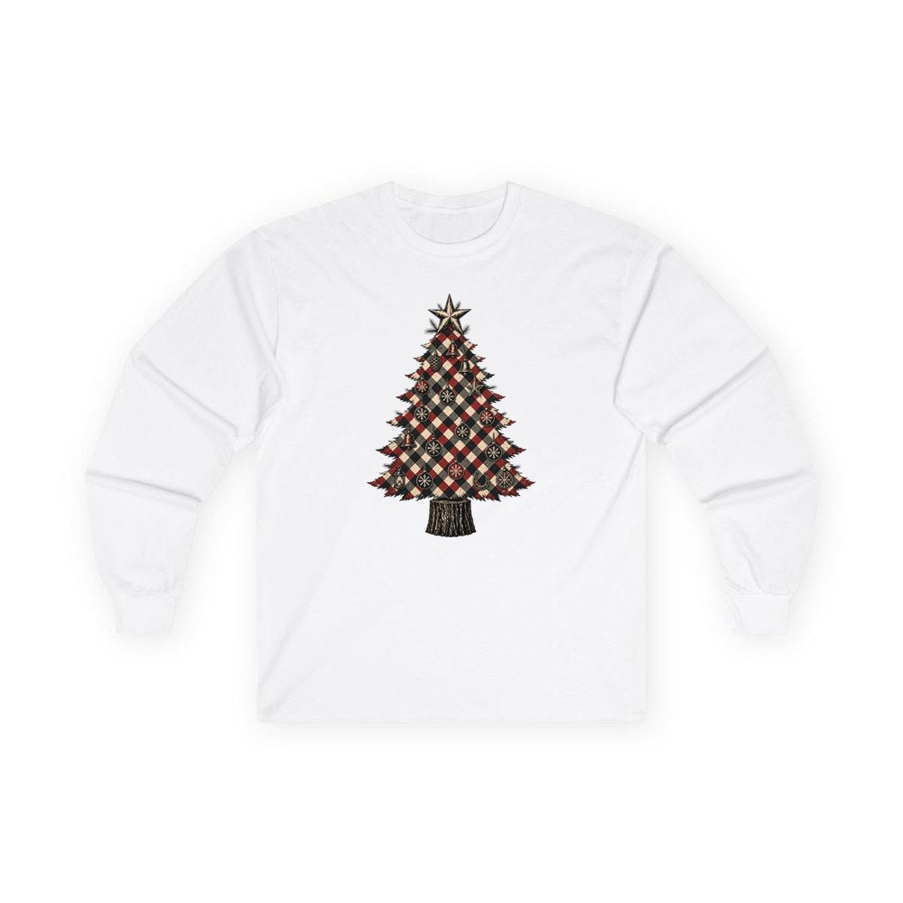Red Check Christmas Tree personalised long sleeve Christmas T-shirt in white