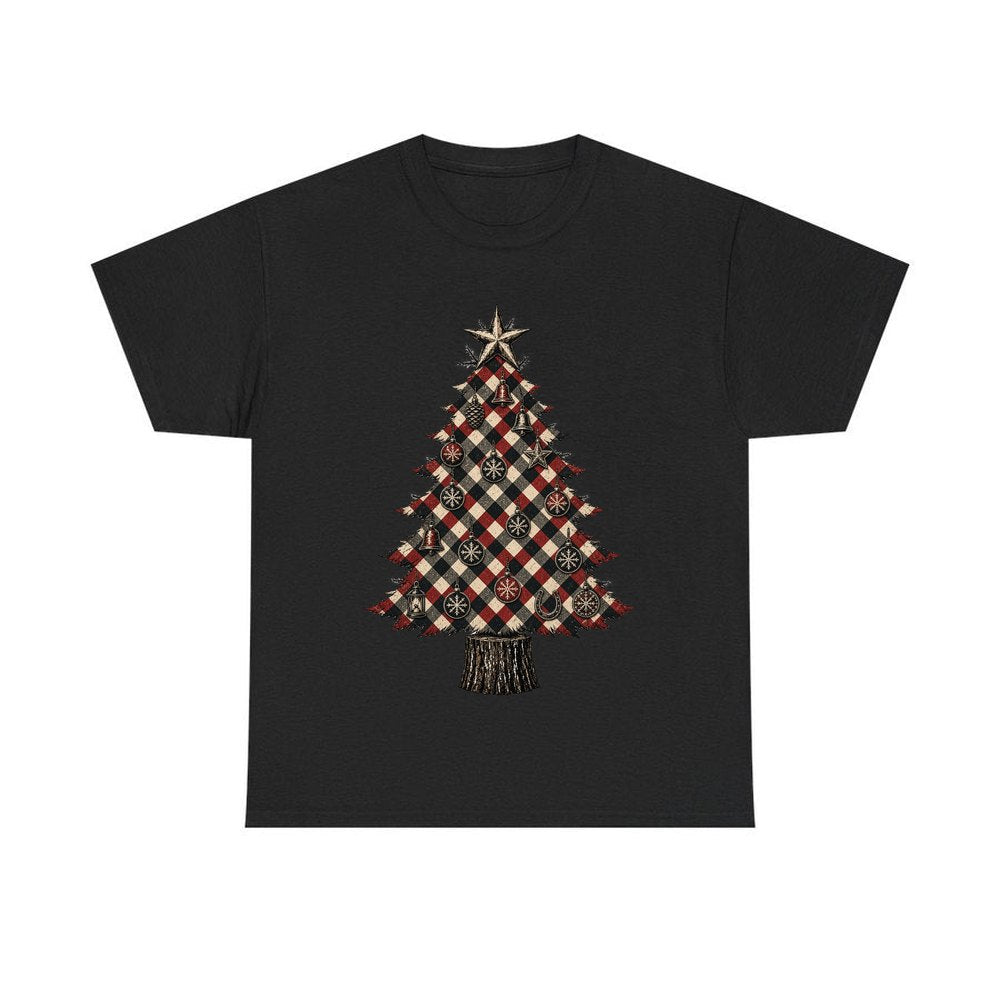 Red Check Christmas Tree personalised Christmas T-shirt in black