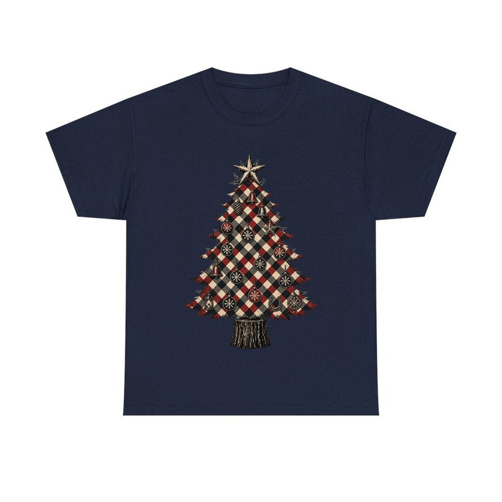 Red Check Christmas Tree personalised Christmas T-shirt in navy