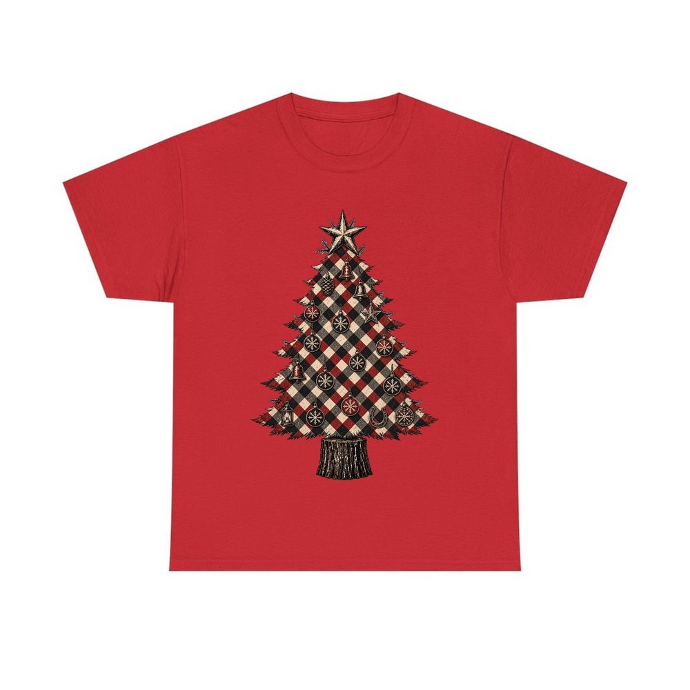 Red Check Christmas Tree personalised Christmas T-shirt in red