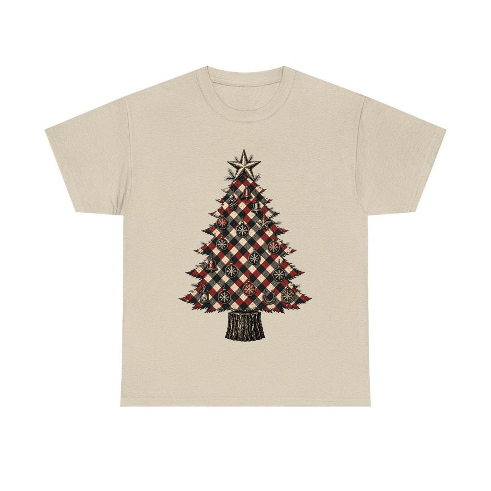 Red Check Christmas Tree personalised Christmas T-shirt in sand