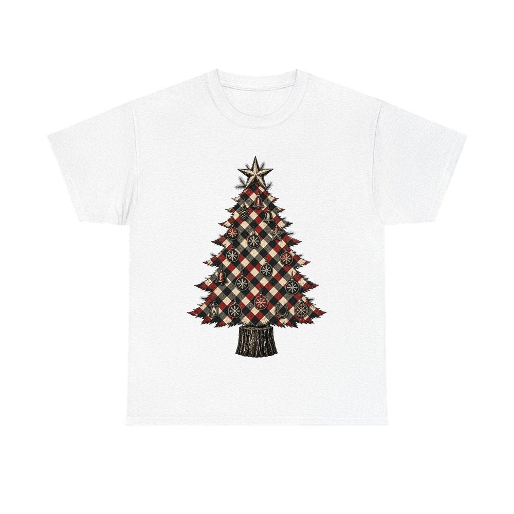 Red Check Christmas Tree personalised Christmas T-shirt in white