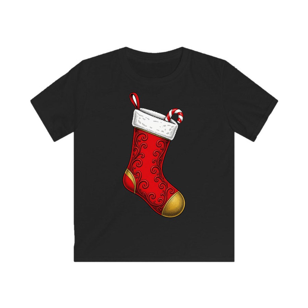 Red Christmas Stocking personalised kids Christmas tee in black