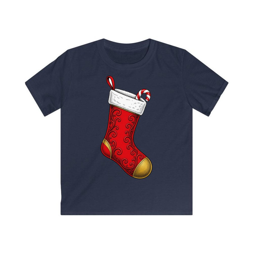 Red Christmas Stocking personalised kids Christmas tee in navy
