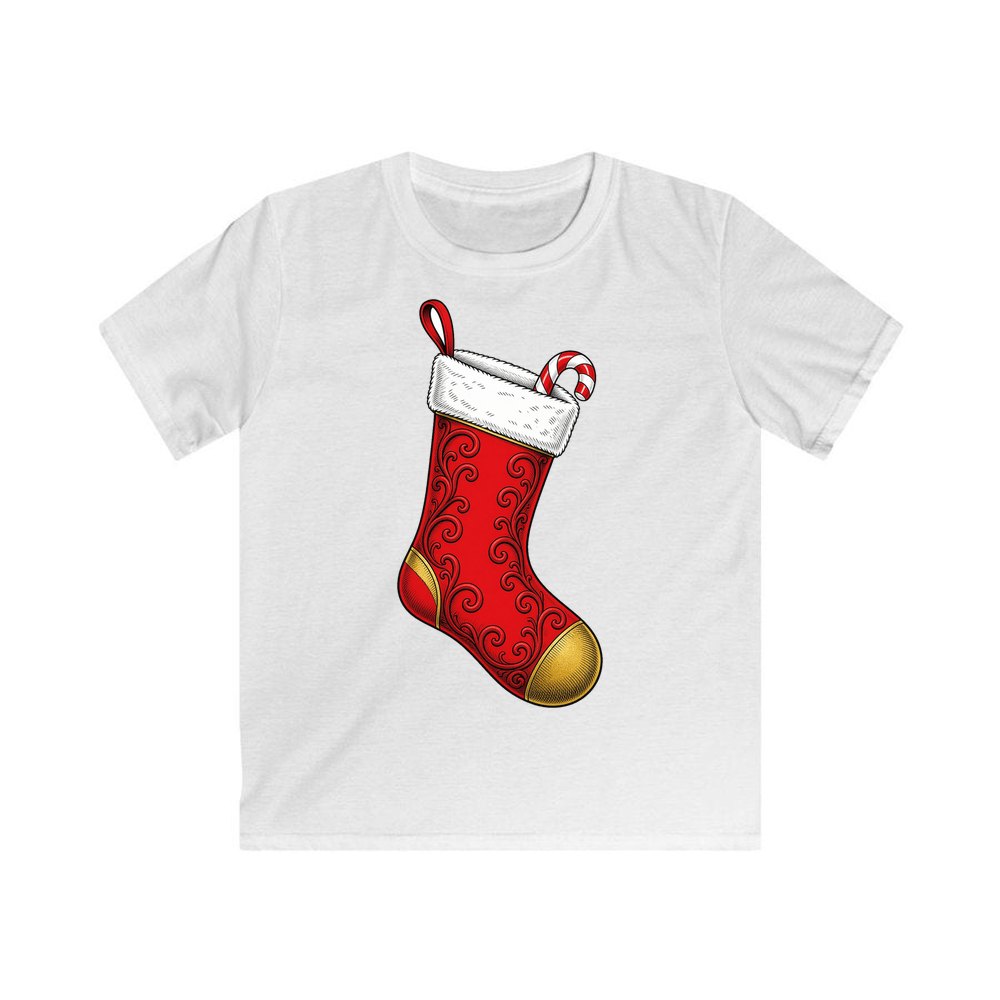Red Christmas Stocking personalised kids Christmas tee in white