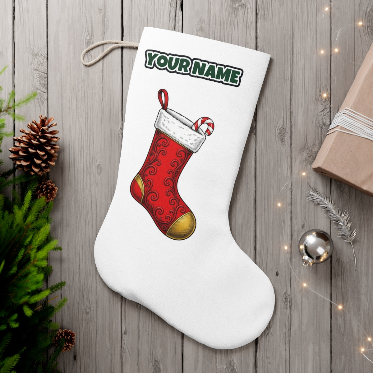 Red Christmas Stocking personalised Christmas stocking, white, with the name across the top
