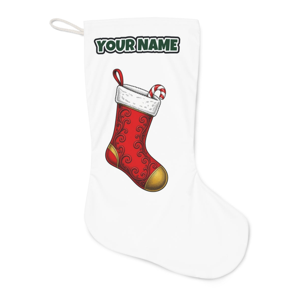 Red Christmas Stocking Christmas stocking laid flat, showing the full print